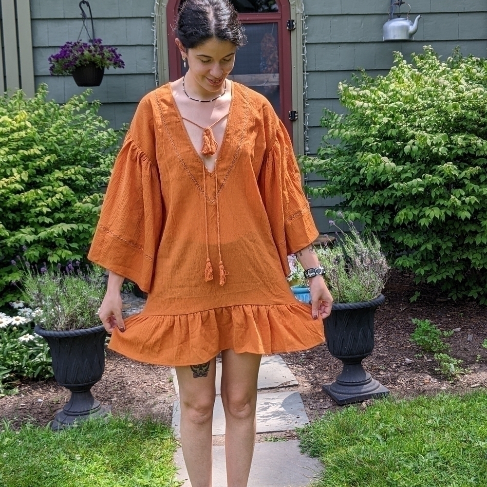 Storia Boho Dress Rust Orange Tassells Oversized Bell Sleeves Small Beautiful!!! - Picture 8 of 10